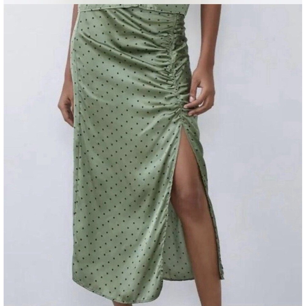 ZARA Satin Green Polka Dot Midi Skirt Ruched Size L Preppy Party Vacation Summer